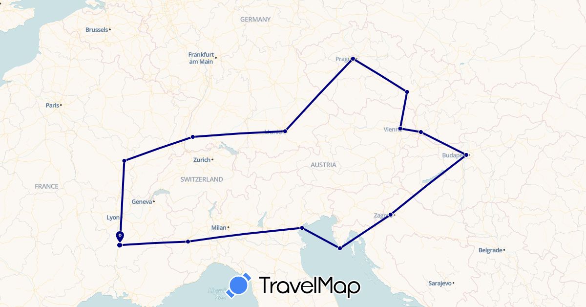 TravelMap itinerary: driving in Austria, Czech Republic, Germany, France, Croatia, Hungary, Italy, Slovakia (Europe)